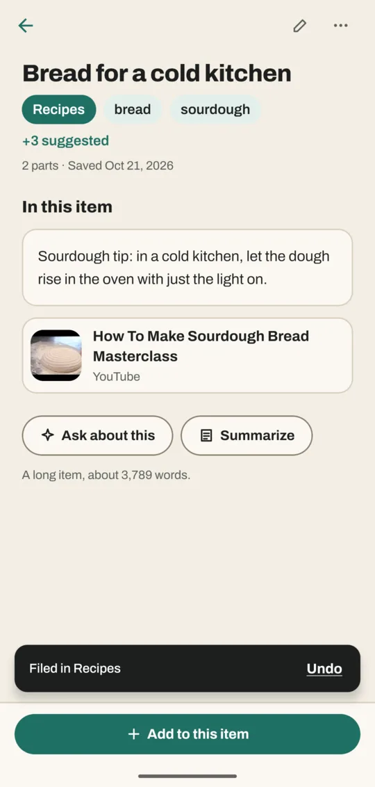 A save called Bread for a cold kitchen just after filing, with the message Filed in Recipes and an Undo button at the bottom