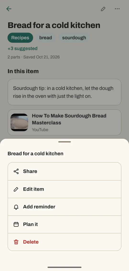 The item menu with Share, Edit item, Add reminder, Plan it and Delete