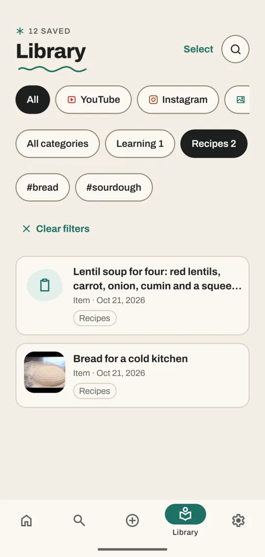 Library filtered to the Recipes category, showing two saves and a Clear filters link
