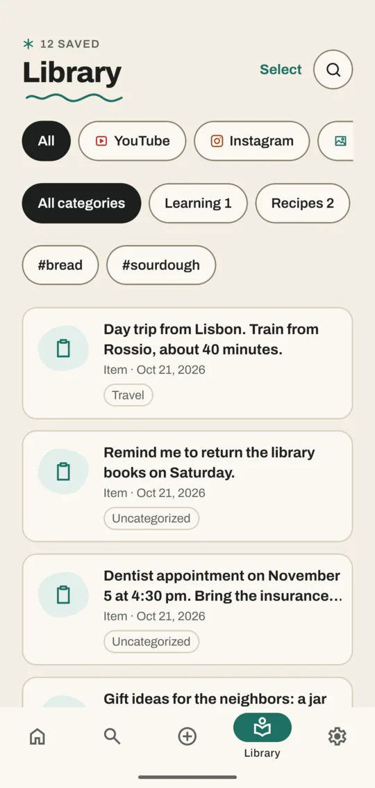 Library showing 12 saved, with source, category and tag chips above a list of saves, each with its category label