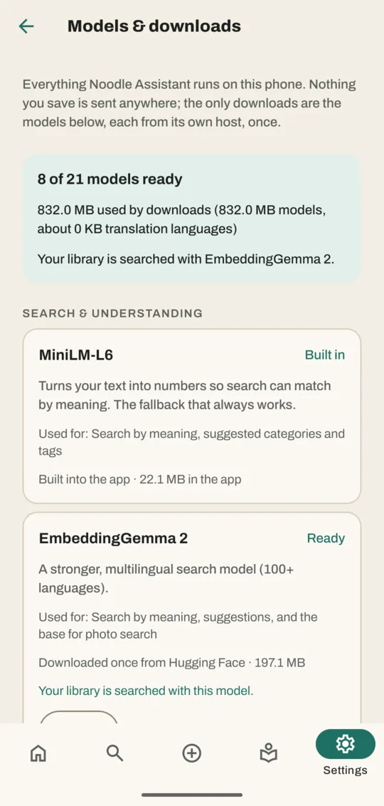 Models and downloads screen showing 8 of 21 models ready, 832 MB used, and the first two search downloads, one built in and one ready