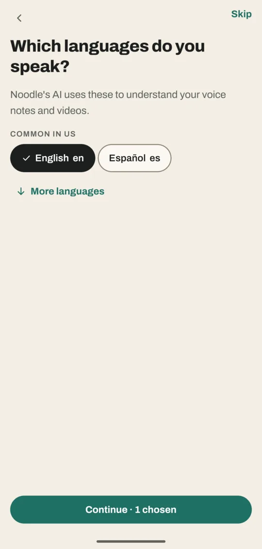 Which languages do you speak? screen with English picked, Español offered and a More languages link
