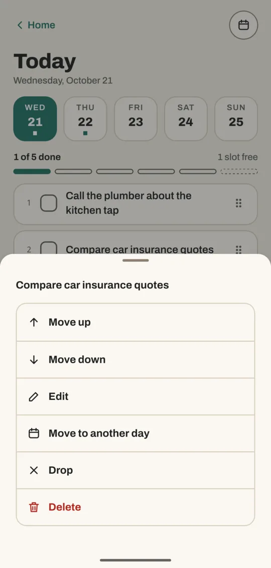 Menu for the task Compare car insurance quotes with Move up, Move down, Edit, Move to another day, Drop and Delete
