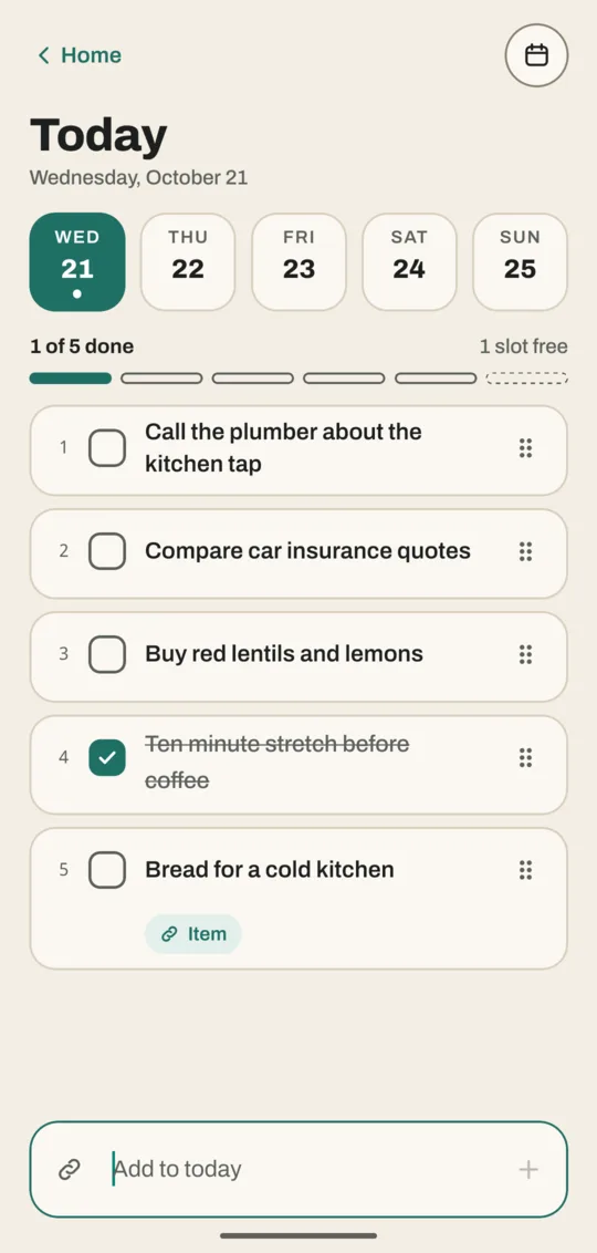 Plan for Wednesday with five tasks, the fourth ticked and crossed out, the fifth with an Item label, and 1 slot free