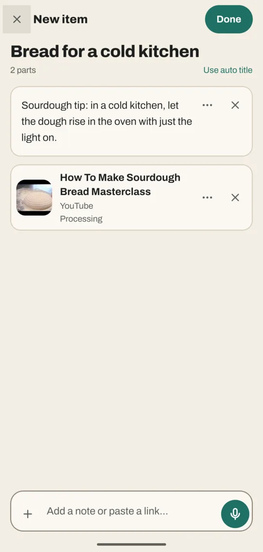 Save page titled Bread for a cold kitchen with two parts: a typed note and a YouTube video