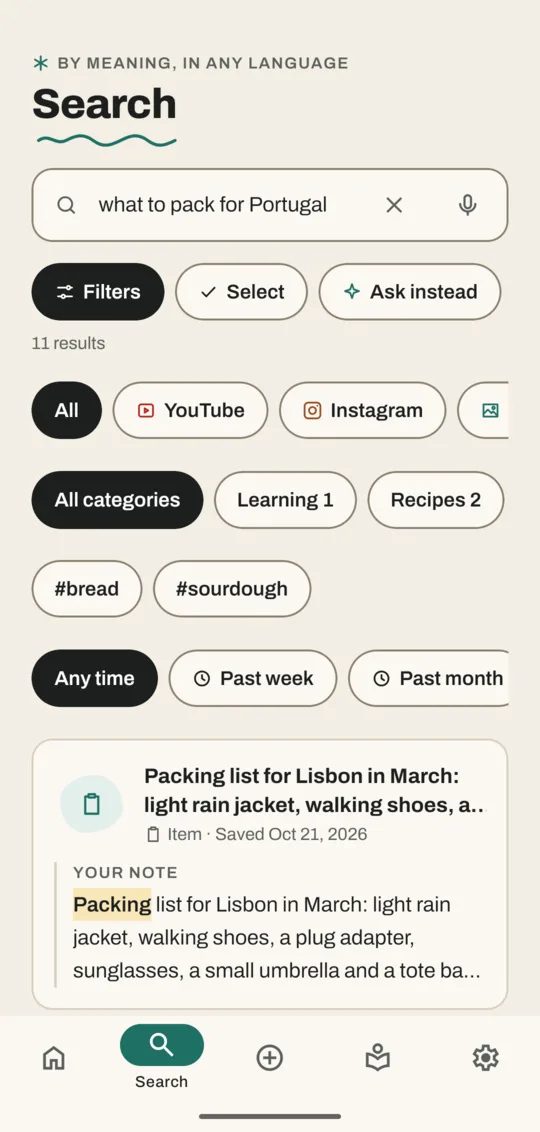 Search with filters open: source chips, category chips with counts, the tags bread and sourdough, and Any time, Past week and Past month