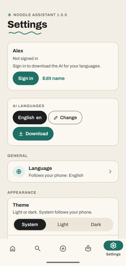 Settings with the name card and its Sign in button, the AI languages card, Language and Theme