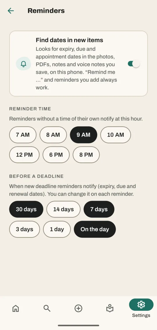 Reminders settings with Find dates in new items on, 9 AM chosen as the reminder time, and 30 days, 7 days and On the day chosen