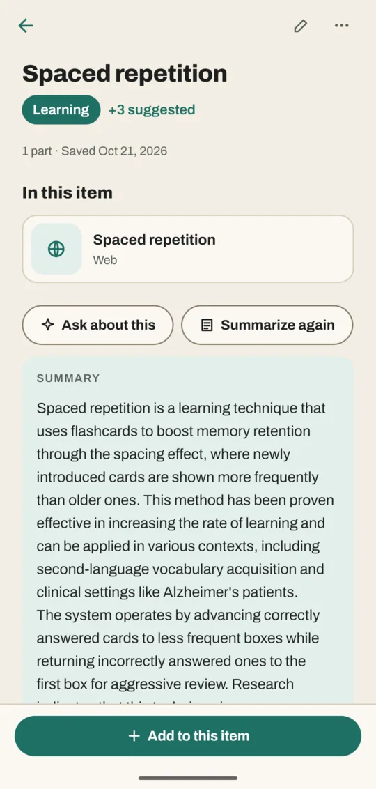 A save about spaced repetition with its summary in a shaded box under the Ask about this and Summarize again buttons